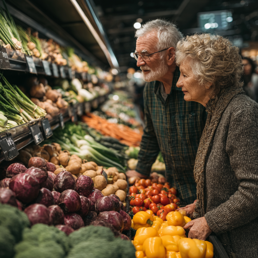 Літня жінка з корзиною овочів